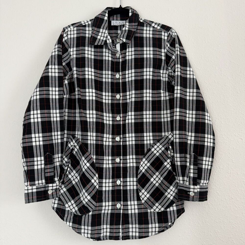 Joan Rivers Womens Popover Blouse Shacket XXS Black White Plaid XL Pockets